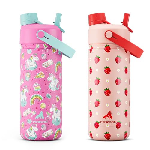 POWCAN 2 Pack 18 oz Insulated Water Bottle for School: Leakproof, 2-in-1 Straw Spout Lid, BPA-Free, Keep Cold 24 Hrs, Stainless Steel Cup for Sports, Trip, Gift (Cute Unicorn & Strawberry Daisy) - color: Cute Unicorn & Strawberry Daisy, size: 18 oz (Pack