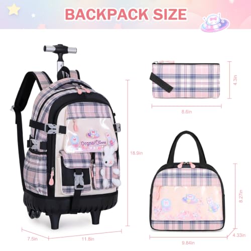 FIXITOK Rolling Backpack for Girls, Kawaii Bunny Roller Wheels School Backpacks with Lunch Bag Pencil case, Wheeled Suitcase Bookbag for Elementary Travel Plaid-Blackpink - color: Plaid-blackpink