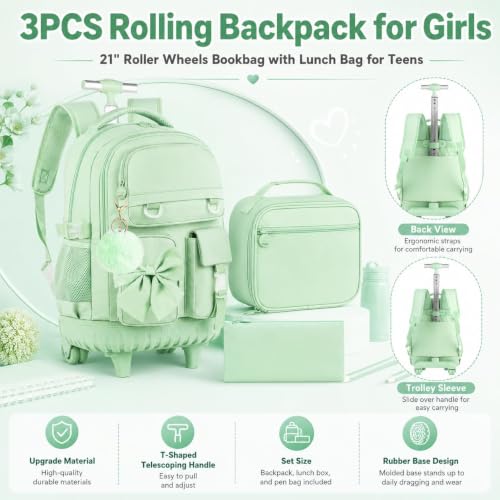 3Pcs Rolling Backpack for Girls Women, School Kids Roller Bookbag with Wheels, Wheeled Backpacks Set for Elementary (Green) - color: Bow Green