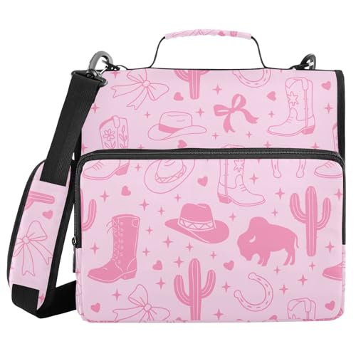 Zipper Binder Bag 3 Ring File Folder Portfolio Organizer Zippered Binder Bags with Strap Fits Laptop Women Men - color: 32-western Cowgirl Bow