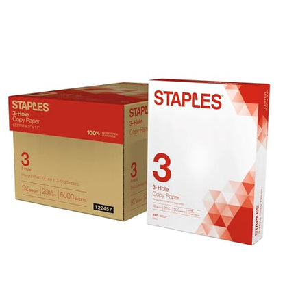 Staples Copy Paper, 8 1/2" x 11", 3 Hole Punched, Case, For Office, School & Home - size: 5,000 Sheets, style: Standard