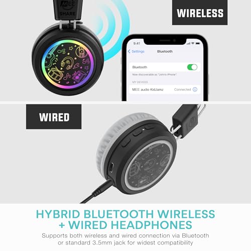 MEE audio KidJamz Share Bluetooth Headphones for Kids with LED Lights, 85dB Volume Limiter, Microphone, 40h Battery; Childrens Headset for School/iPhone/iPad/Tablet (Model: KJ55BT-S, 2-Pack) - color: Black, style: Share (2-Pack)