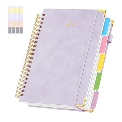 5 Subject College Ruled Notebook, 300 Pages Ink-Proof Paper, 8x10 Inch, Hardcover Spiral Bound with Dividers and Tabs, Ideal for School, College, Work, Students (Purple) - color: Purple