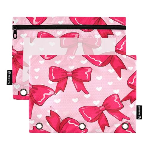 Bow Heart Pink Pencil Pouch for 3 Ring Binder Pencil Pouches with Zippers Clear Window Binder Pockets Pencil Bags for Work Daily Office Adults 2 Packs - color: Multicolored-bow Heart Pink