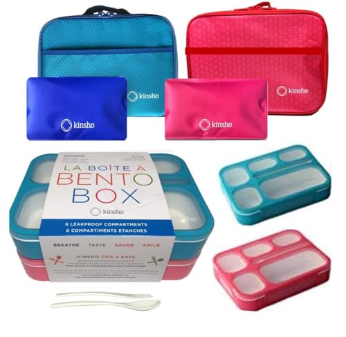 kinsho Lunch Boxes for Kids Boys Girls - Bento Box Set of 2, with Insulated Bag & Ice Pack, 6 Compartment Leak Proof Container, BPA-Free, Microwave Safe, Ideal for School & Work, Blue & Pink - color: Blue + Pink