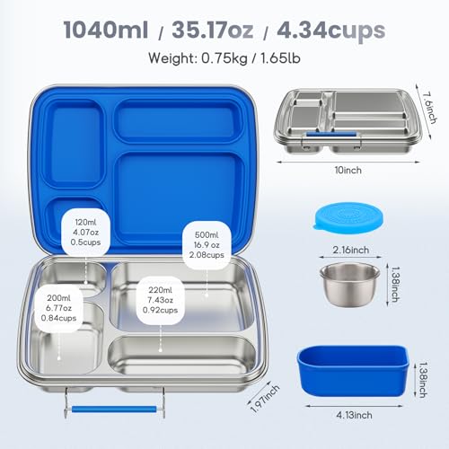 Stainless Steel Bento Box for Kids, Kids Lunch Box with 4-Compartment, Metal Lunch Box with Silicone Container & Sauce Cup, Durable Lunch Box Containers for School and Office (Blue) - color: Blue
