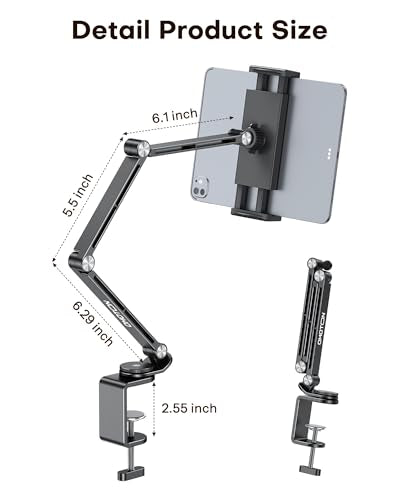 OMOTON GH03 Tablet Holder with 2 ABS Clamps, Aluminum Long Arm Mount, Black | C-Clamp Base with 360°Rotation Fits Desk, Bed, Side Cabinet, Kitchen, Adjustable Tablet Stand for 4-13" iPad Pro/iPhone - color: Black