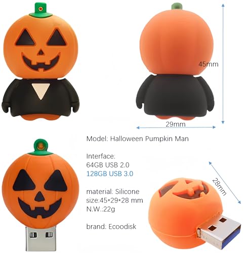 128GB USB 3.0 Flash Drive Cartoon Novelty Halloween Pumpkin Man Memory Stick Silicone Rubber Pendrive - color: Pumpkin man, size: 128GB 3.0