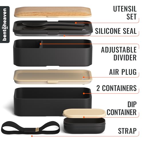 Bentoheaven Bento Box Adult, Stackable Lunch Box, 40 oz, Symph Onyx | BPA-free, leakproof and microwave-safe with 2 compartments, utensils, chopsticks, divider and sauce cup for men and women. - color: Symph-Onyx