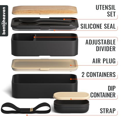 Bentoheaven Bento Box Adult, Stackable Lunch Box, 40 oz, Symph Onyx | BPA-free, leakproof and microwave-safe with 2 compartments, utensils, chopsticks, divider and sauce cup for men and women. - color: Symph-Onyx