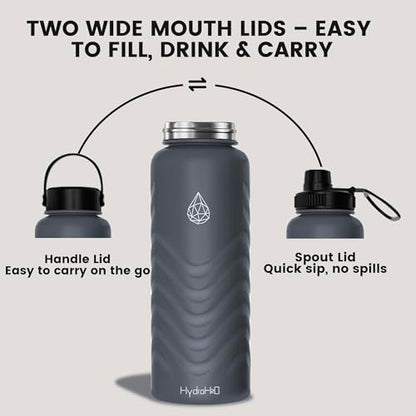 32oz Stainless Steel Insulated Water Bottle, 48H Ice Cold & 24H Hot, Leak-Proof Wide Mouth Lids (Straw & Spout), BPA-Free Bottles, Mens Water Bottle for Gym, Hiking, Travel - Grey - color: Gray, size: 32 Ounces