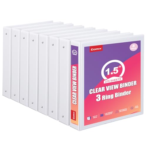 Comix Durable 1.5 Inch 3 Ring Binder, Round View Binder for Office or School, Fits 275 Sheets of 8.5x11 Paper, PVC-Free & Foldable Spine, Made in North American, 8 Pack (White) - color: White, size: 1.5 inch, style: 8 Pack