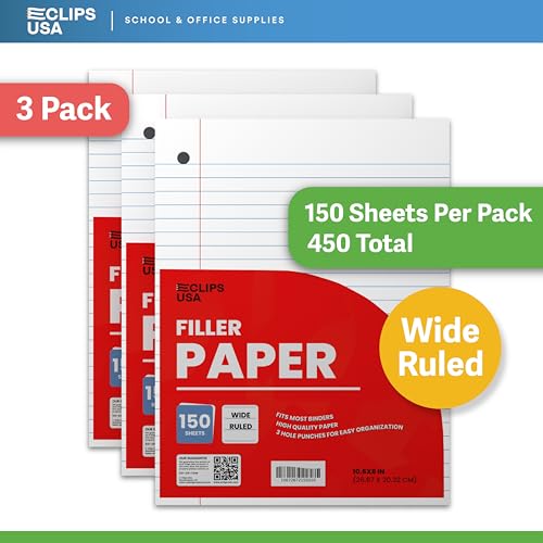 Wide Ruled Loose Leaf Paper Wide Ruled Notebook Paper Lined Writing Filler Paper 10.5” x 8” 56 gsm 450 Sheets 150 Sheet Per Pack (3 Pack) - size: 3 Pack