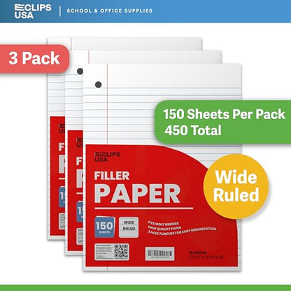 Wide Ruled Loose Leaf Paper Wide Ruled Notebook Paper Lined Writing Filler Paper 10.5” x 8” 56 gsm 450 Sheets 150 Sheet Per Pack (3 Pack) - size: 3 Pack