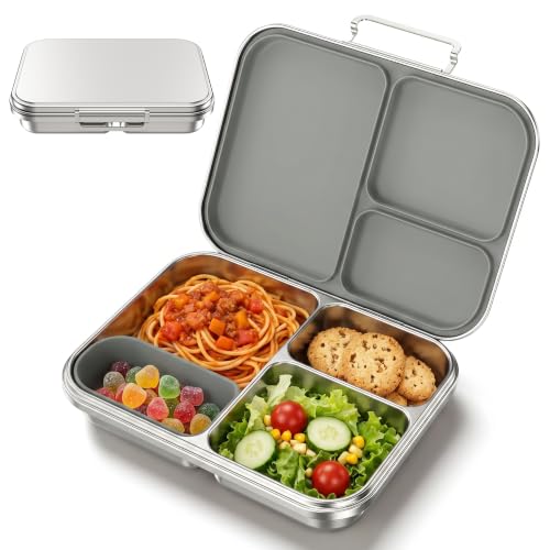 Pawtong Stainless Steel Bento Box for Kids and Adults, 3 Compartment Leakproof Lunch Box with Removable Silicone Seal and Silicone Contianer, Metal Lunch Container for School, Work and Travel (Grey) - color: Gray