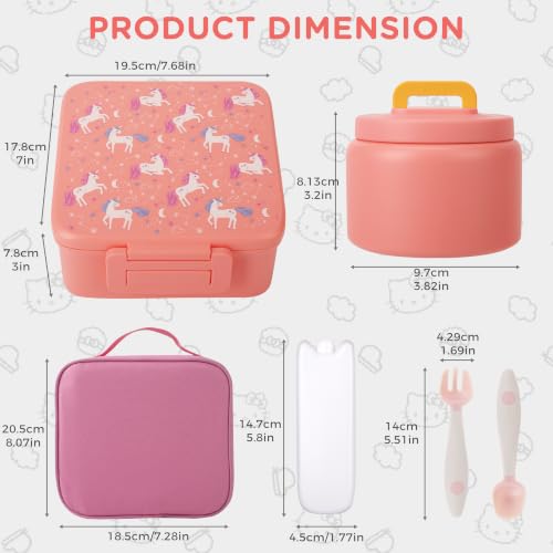 MAISON HUIS Bento Lunch Box with 8oz Soup Thermo, 5-Compartment Leak-Proof Container, Thermo Hot Food Jar and Insulated Lunch Bag, BPA Free,Travel, School (Pink Horse) - color: Pink Horse