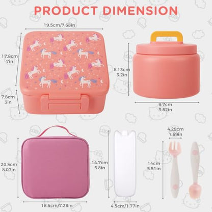MAISON HUIS Bento Lunch Box with 8oz Soup Thermo, 5-Compartment Leak-Proof Container, Thermo Hot Food Jar and Insulated Lunch Bag, BPA Free,Travel, School (Pink Horse) - color: Pink Horse