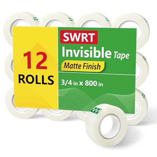 SWRT Invisible Tape Refills, 12 Rolls, 3/4 in x 800 in, Matte Finish | Blends into Paper; Easy to Write On; Neat Paper Repairs; Quick Label Fixes; Fits Tape Dispensers; Office, School, Home - size: 12-ROLL REFILLS