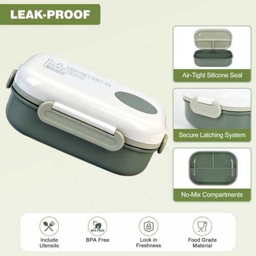 3-Compartment Leak-Proof Bento Box for Kids & Adults, Green | Insulated bag, utensils & sauce container included; BPA-free; Microwave & dishwasher safe; Ideal for school, office & travel. - color: Green