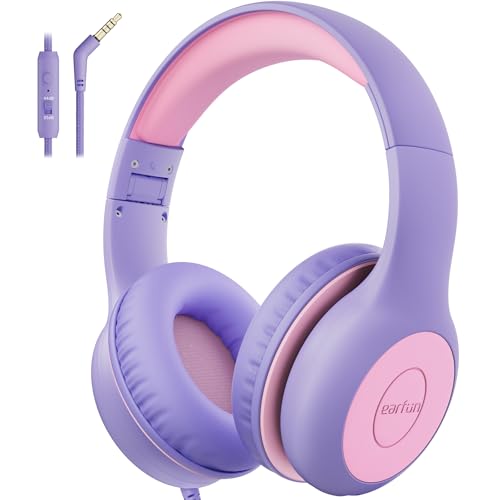 EarFun Kids Headphones Wired with Microphone, 85/94dB Volume Limit Headphones for Kids, Portable Wired Headphone with Shareport, Stereo Sound Foldable Headset for School/Tablet/iPad, Violet Pink - color: Violet Pink