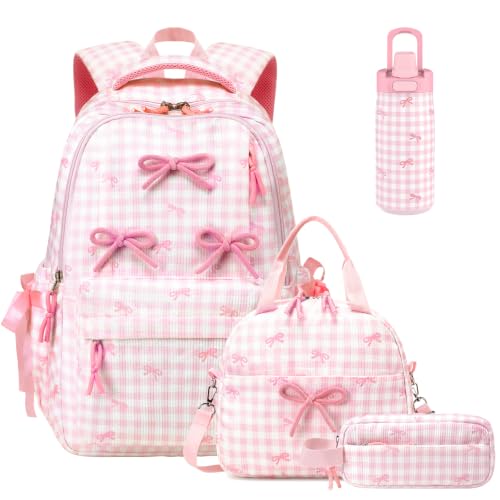 Backpack for Girls, Corduroy 4PCS Bow Girls Backpack with 14oz Insulated Water Bottle, Lunch Bag & Pencil Pouch, Lightweight School Bag Set for Kids Teen Elementray Middle School Student - color: Pink Gingham