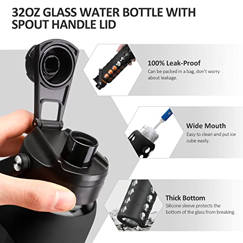 MUKOKO 24oz Glass Water Bottle, Black | Glass Tumbler with Straw, Drinking Bottles with 2 Lids-Handle Spout Lid & Bamboo Straw Lid, Silicone Sleeve, 1 Pack - color: Black, size: 24 Ounces