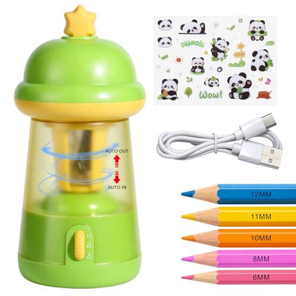Rechargeable Electric Pencil Sharpener, 6-12mm Auto in & Out Fully Automatic Pencil Sharpener for Kids, Large Capacity Battery Powered, with Cartoon Stickers Ideal for Classroom & Home (Green) - color: Green