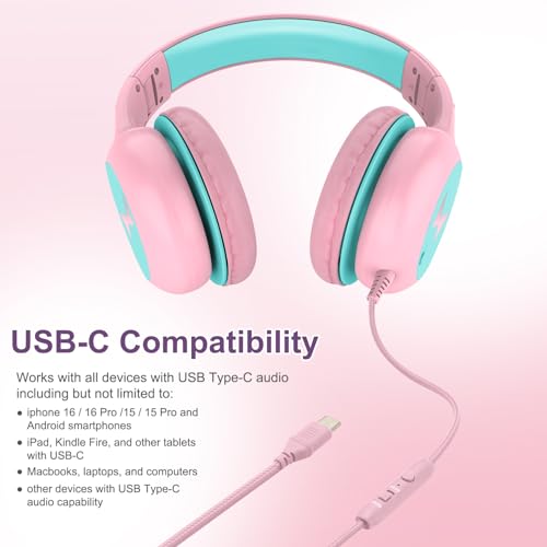 Voopwink 마이크가 있는 아동용 헤드폰, USB 타입 C 헤드폰, 어린이 여아 남아용 코드/LED 조명/85/94dB 볼륨 제한, 학교/여행/태블릿/아이패드용 휴대용 오버 이어 헤드폰 - color: 핑크