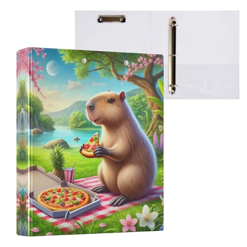 Capybara Pizza 3 Ring Binder Letter Size Three Ring Binder Organizer 1.5 Inch Binders 3 Ring with Clipboard & 3 Pockets for Recipes Paper Work Office Supplies 1 Pack - color: Multi 02