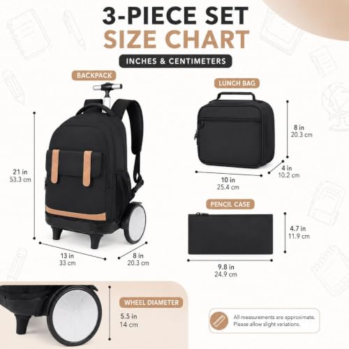 KLFVB Rolling Backpack with Big Quiet-Glide Wheels, 3-in-1 Wheeled Commuter Set with Lunch Bag | Water-Resistant Roller Bag for Men & Women, Work, Travel, School - Black