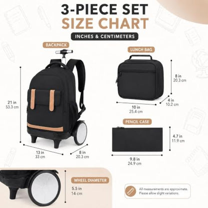 KLFVB Rolling Backpack with Big Quiet-Glide Wheels, 3-in-1 Wheeled Commuter Set with Lunch Bag | Water-Resistant Roller Bag for Men & Women, Work, Travel, School - Black