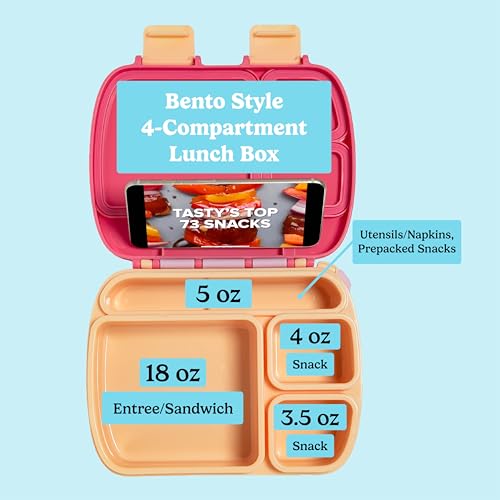 Tasty Bento Style Lunch Box, 4 Compartments with Built-In Phone Stand, BPA-Free Plastic, Portable Food Storage Container, Pink - color: Pink