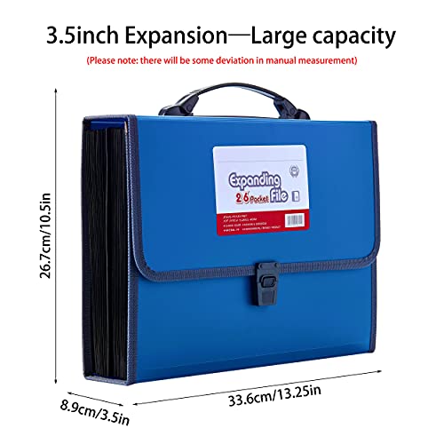 FANWU 26 Pockets Expanding File Accordion Folder with Handle - Letter A4 Paper Size - Expandable Large Plastic File Folder Wallet Monthly Portable Document Organizer with Flap & Buckle (Blue)