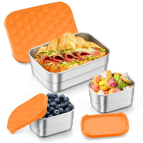 TeamFar Stainless Steel Lunch Box, Food Snack Storage Bento Containers with Silicone Lids for Kids Adults to School Work, Kids Friendly & Dishwasher Safe, Leak-Proof & Easy Open, 25OZ + 8OZ*2 (Orange) - color: Orange