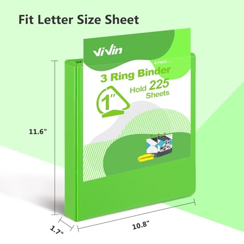 ViVin Sturdy 1 Inch D Ring Binders, 3 Ring Binders with 2 Pockets, Hold 225 Sheets of US Letter Size Paper for Office,Home,School, 6 Pack (Ivy Green) - color: Ivy Green, size: 1 Inch