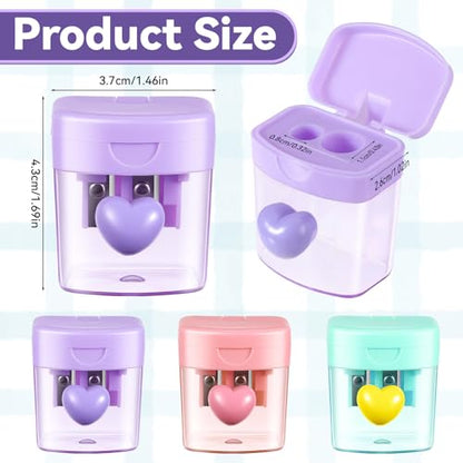 3 PCS Heart Pencil Sharpener, Colorful Dual Holes Pencil Sharpener with Lid Handheld Small Manual Crayon Sharpeners for Home and Office (Green, Purple, Pink)