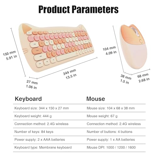 Cute Cat 2.4G USB Wireless Keyboard and Mouse Combo, Silent Keys, Candy Colors, Compatible with Notebook, PC (MilkTea-84Keys) - color: MilkTea-84Keys