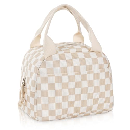 Lunch Bag for Women Checkered Insulated Lunch Box Reusable Cooler Bag Portable Cute Corduroy Leakproof Tote Bags for Travel, Work, and Picnic, Beige and White - color: Beige and White, size: M