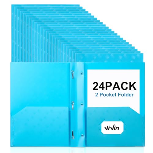 ViVin Plastic Folders with Pockets and Prongs,24 Pack,Heavy Duty 2-Pocket File Folder with 3 Fasteners,Fits Letter Size Paper,for School Home and Office(Bright Blue) - color: Bright Blue, size: 24 PACK