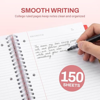 SUNEE Spiral Notebook, 3 Subject, College Ruled Paper, 8" x 10-1/2", 150 Sheets/300 Pages, 3 Pocket Colored Dividers, Water Resistant Cover, Pink - color: Pink