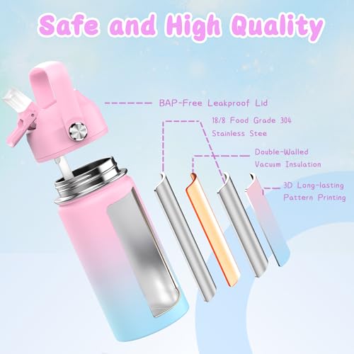 ACESAK Kids School Backpack for Girls, 4-In-1 Bookbag Backpack Set with 14OZ Insulated Kids Water Bottle (Pink Blue) - color: Pink-to-blue Gradient