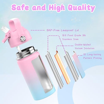 ACESAK Kids School Backpack for Girls, 4-In-1 Bookbag Backpack Set with 14OZ Insulated Kids Water Bottle (Pink Blue) - color: Pink-to-blue Gradient