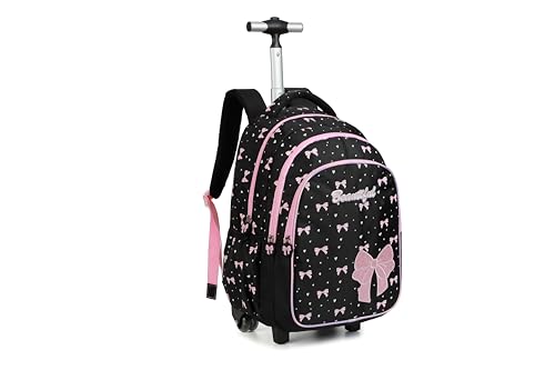 Women Large Rolling travel Backpack for kids, Wheeled Backpack with Adjustable Shoulder Straps, Nylon Book Bag 3pc Set (BOWKNOT BLACK) - color: Bowknot Black