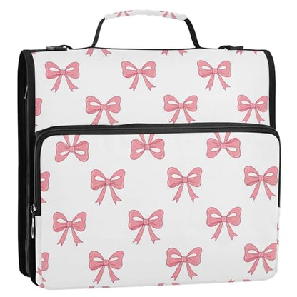 Zipper Binder Bag 3 Ring File Folder Portfolio Organizer Zippered Binder Bags with Strap Fits Laptop Women Men - color: 41-pink Bow White
