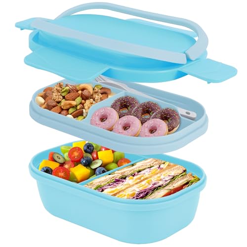 Itopor Bento Box for Kids, Stackable Kids Lunch Box, Pale Blue, 40 oz | Leakproof 2-compartment base, 3-compartment snack tray, hidden handle & utensils. BPA-Free, microwave & dishwasher safe
