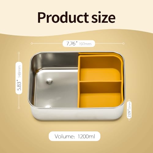 Stainless Steel Bento Box for Kids Adults, Toddler Lunch Box Containers with Silicone Lid,Removable 3 Compartment Design,Leakproof Snack Container, BPA Free, Dishwasher Safe-(1200ml,Yellow) - color: Yellow