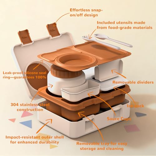 Bento Box for Kids, Leakproof Kids Bento Lunch Box Container with 8oz Insulated Thermo Food Jar, Sauce Jar, Utensil, DIY Stickers for School Boys Girls, 3-4 Compartments, BPA-Free - color: Beige