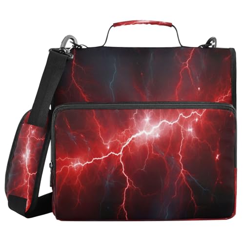 Red Lightning Zipper Binder 3 Ring with Shoulder Strap and Handle Multiple Pockets Expanding File Folder Organizer