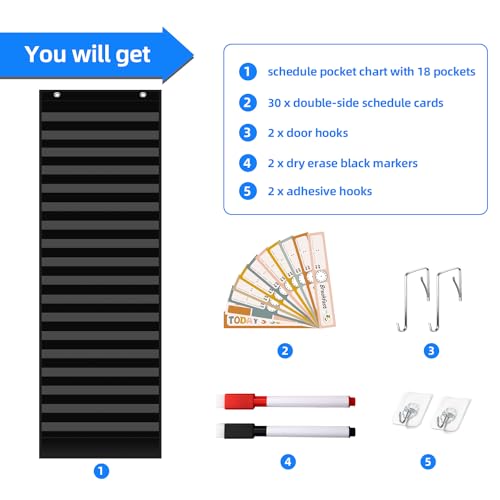 REGELETO Boho 18+1 Pockets Daily Schedule Pocket Chart, 30 pcs Double-Sided Reusable Cards, Scheduling Pocket Chart for Classroom Office Home School Activity(Black) - color: Boho-18 Pockets