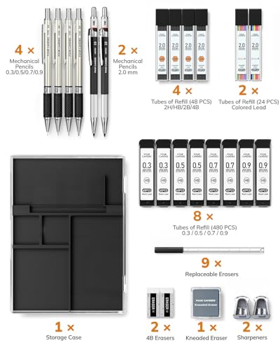 Four Candies 27PCS Metal Mechanical Pencil Set, Art Supplies with Case | 0.3, 0.5, 0.7, 0.9 mm & 2PCS 2mm (HB 2H 2B 4B Color) with 552 Lead Refills, Technical Drafting Drawing Kit for Teen & Adults - style: 0.3mm+0.5mm+0.7mm+0.9mm+2.0mm